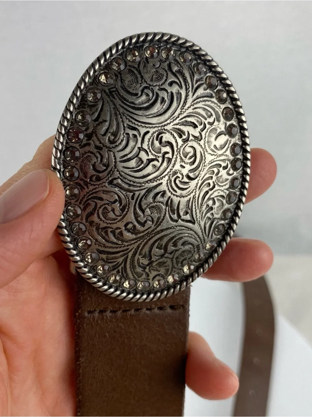 Brown Leather Women’s Western Belt with Ornate Silver Buckle